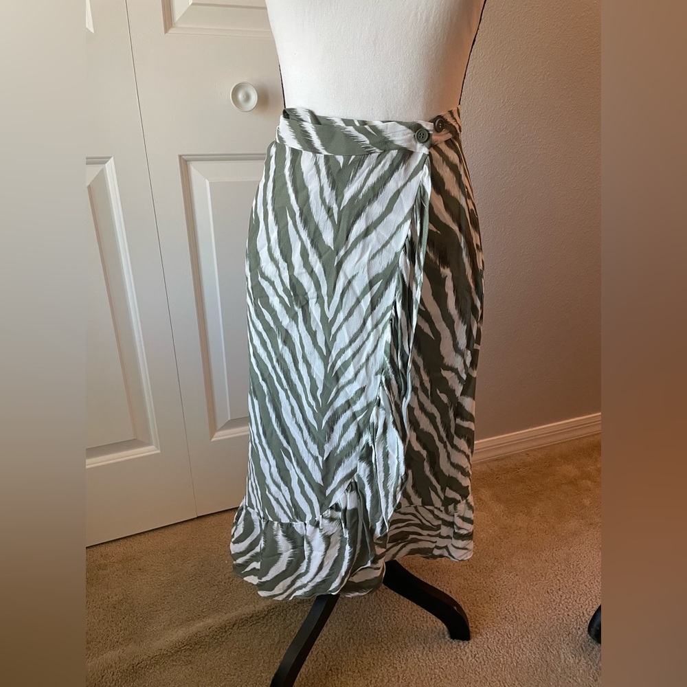 French Connection Olive and White Zebra Wrap Maxi Skirt